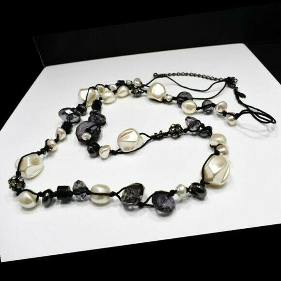 Chico’s Long Beaded Necklace Pearls Rhinestones Smoky Beads 47 Inches - Picture 2 of 8
